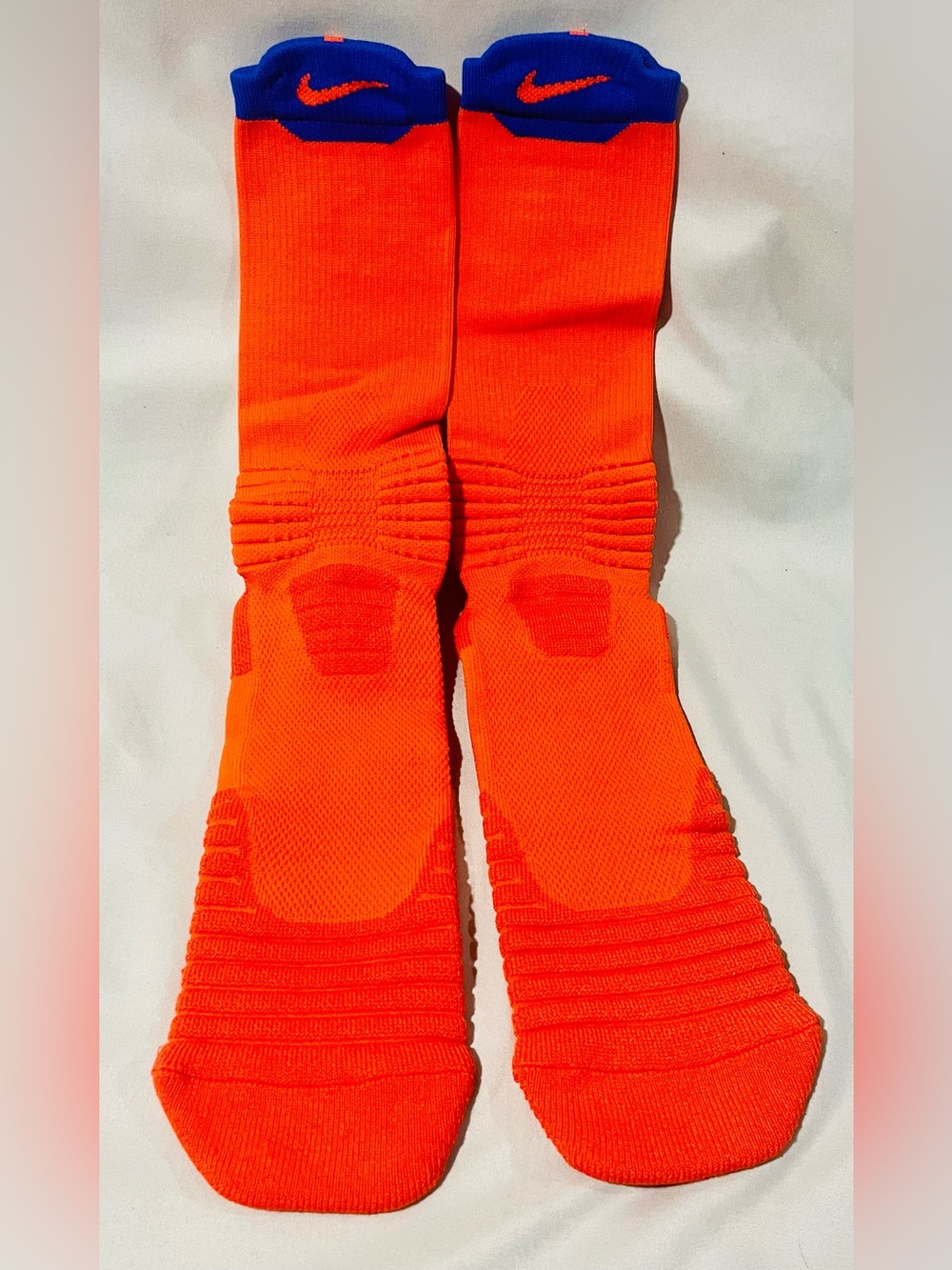 Nike Bright Orange Crew Socks with Blue Cuff and Logo